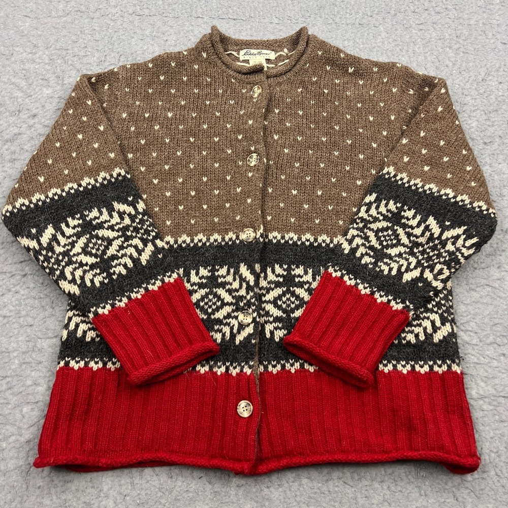 Eddie Bauer Fair Isle Nordic Cardigan Womens Medium Rollneck Wool Alpaca Sweater